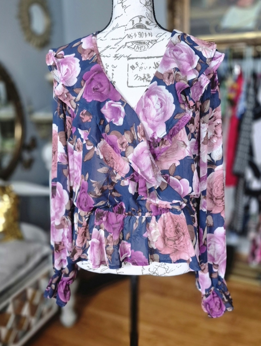 Y2K Sheer Floral Ruffle Wrap Blouse in Navy and Pink Medium